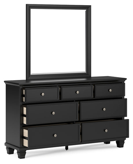 Lanolee California King Panel Bed with Mirrored Dresser and Chest in Black from Ashley - Luna Furniture