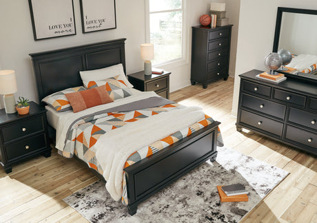 Lanolee Full Panel Bed with Mirrored Dresser, Chest and 2 Nightstands in Black from Ashley - Luna Furniture