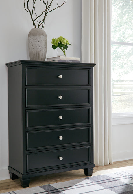 Lanolee Full Panel Bed with Mirrored Dresser, Chest and 2 Nightstands in Black from Ashley - Luna Furniture