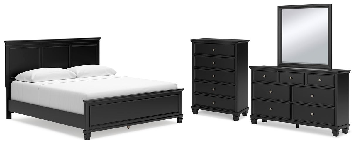 Lanolee King Panel Bed with Mirrored Dresser and Chest in Black from Ashley - Luna Furniture