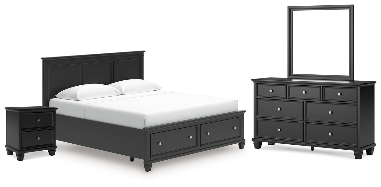 Lanolee King Panel Storage Bed with Mirrored Dresser and Nightstand in Black from Ashley - Luna Furniture