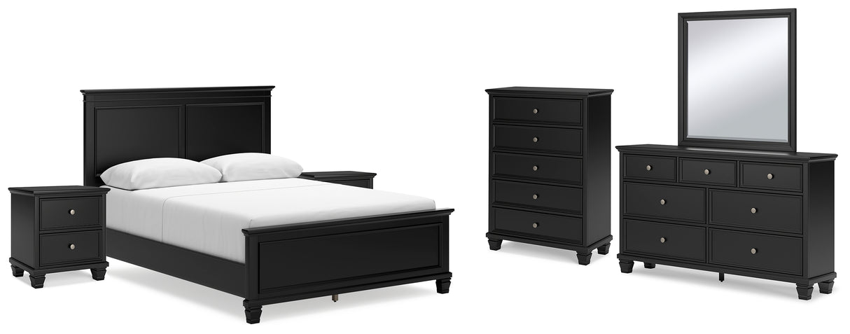 Lanolee Queen Panel Bed with Mirrored Dresser, Chest and 2 Nightstands in Black from Ashley - Luna Furniture
