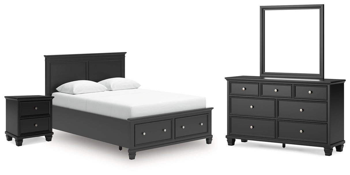 Lanolee Queen Panel Storage Bed with Mirrored Dresser and Nightstand in Black from Ashley Furniture - Luna Furniture