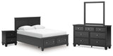 Lanolee Queen Panel Storage Bed with Mirrored Dresser and Nightstand in Black from Ashley Furniture - Luna Furniture