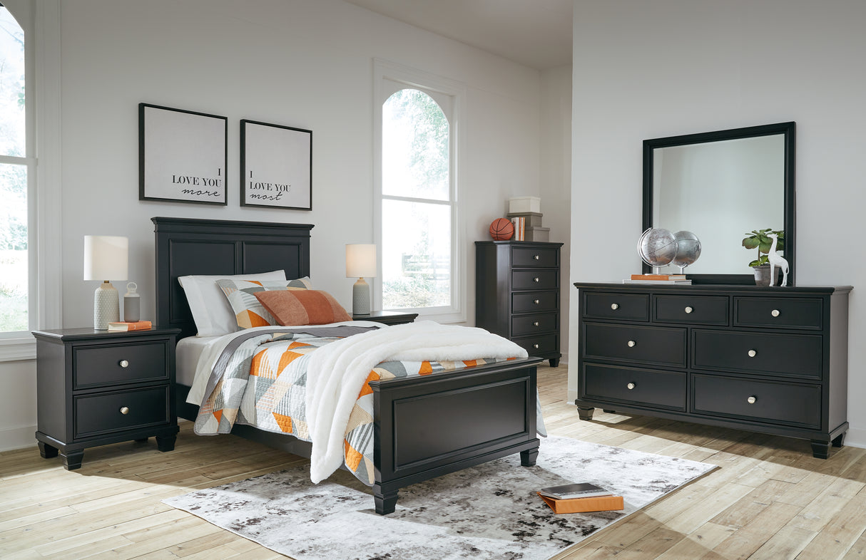 Lanolee Twin Panel Bed with Mirrored Dresser, Chest and 2 Nightstands in Black from Ashley - Luna Furniture