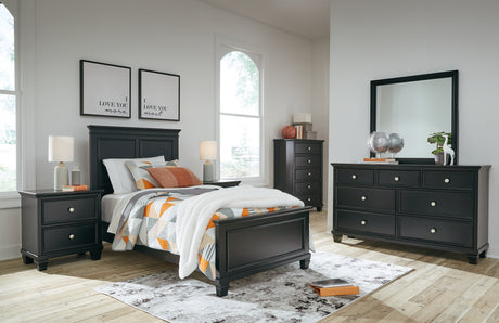 Lanolee Twin Panel Bed with Mirrored Dresser, Chest and 2 Nightstands in Black from Ashley - Luna Furniture