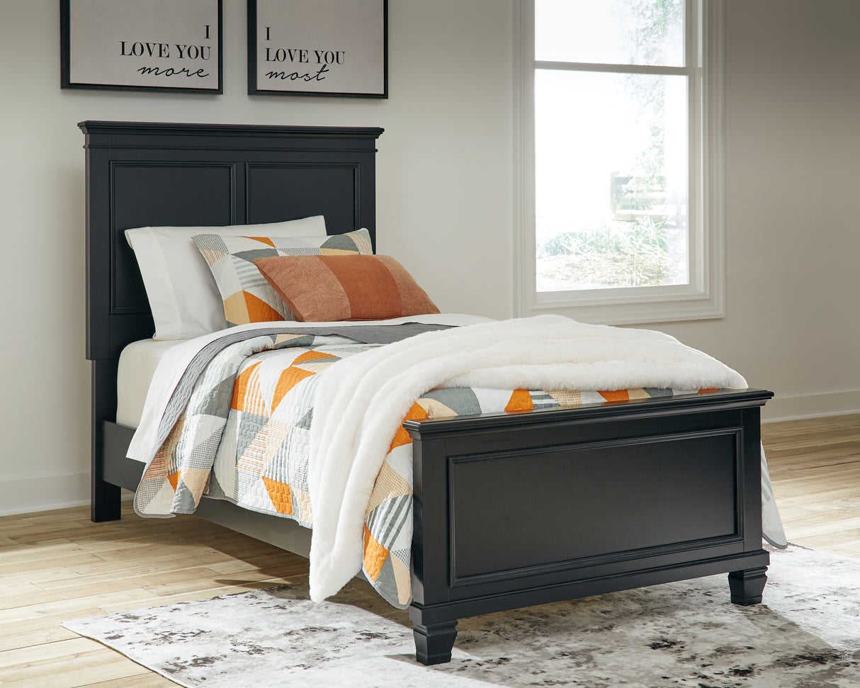 Lanolee Twin Panel Bed with Mirrored Dresser, Chest and 2 Nightstands in Black from Ashley - Luna Furniture