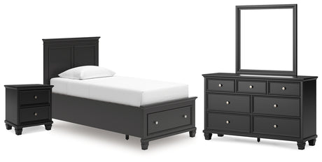 Lanolee Twin Panel Storage Bed with Mirrored Dresser and Nightstand in Black from Ashley - Luna Furniture