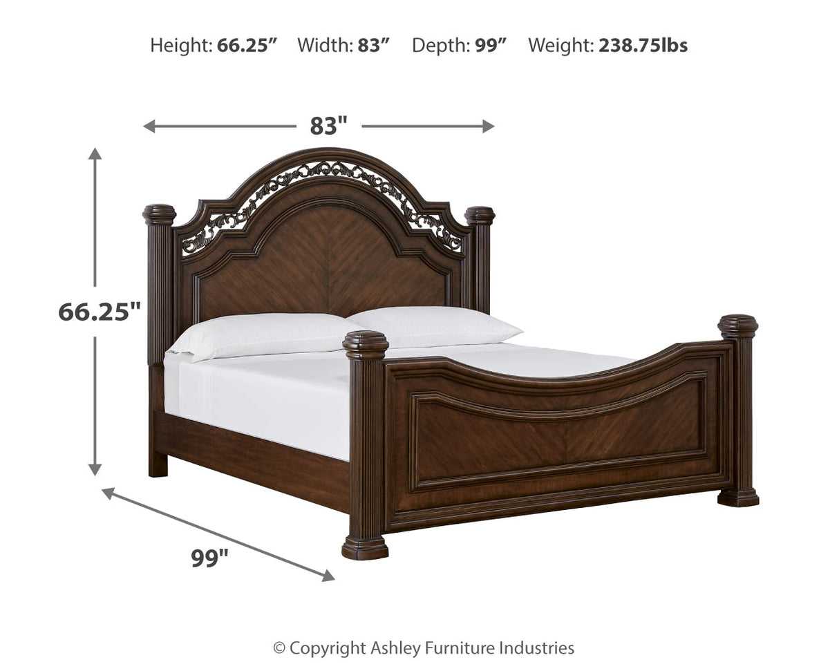 Lavinton California King Poster Bed with Mirrored Dresser, Chest and Nightstand in Brown from Ashley - Luna Furniture