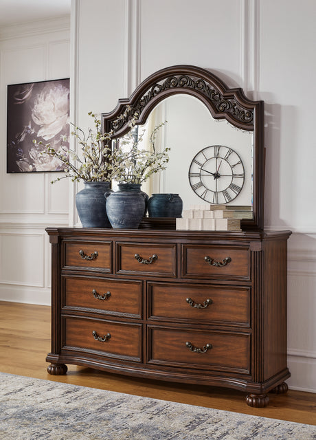 Lavinton California King Poster Bed with Mirrored Dresser in Brown from Ashley - Luna Furniture