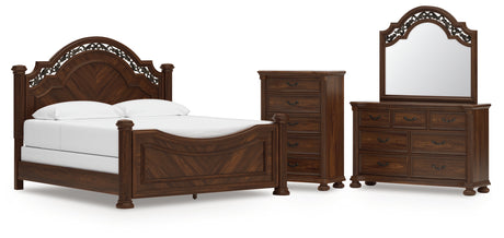 Lavinton King Poster Bed with Mirrored Dresser and Chest in Brown from Ashley - Luna Furniture