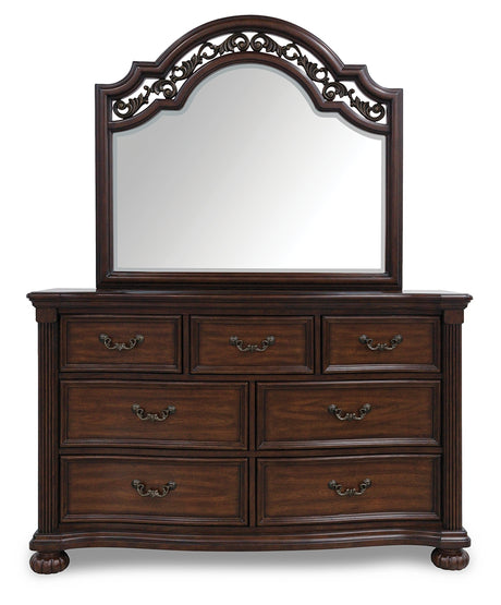 Lavinton King Poster Bed with Mirrored Dresser, Chest and Nightstand in Brown from Ashley - Luna Furniture
