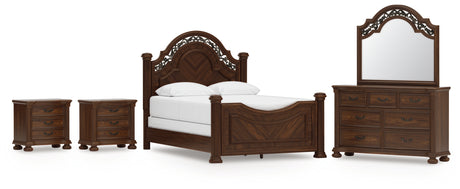 Lavinton Queen Poster Bed with Mirrored Dresser and 2 Nightstands in Brown from Ashley - Luna Furniture