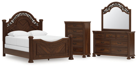 Lavinton Queen Poster Bed with Mirrored Dresser and Chest in Brown from Ashley - Luna Furniture