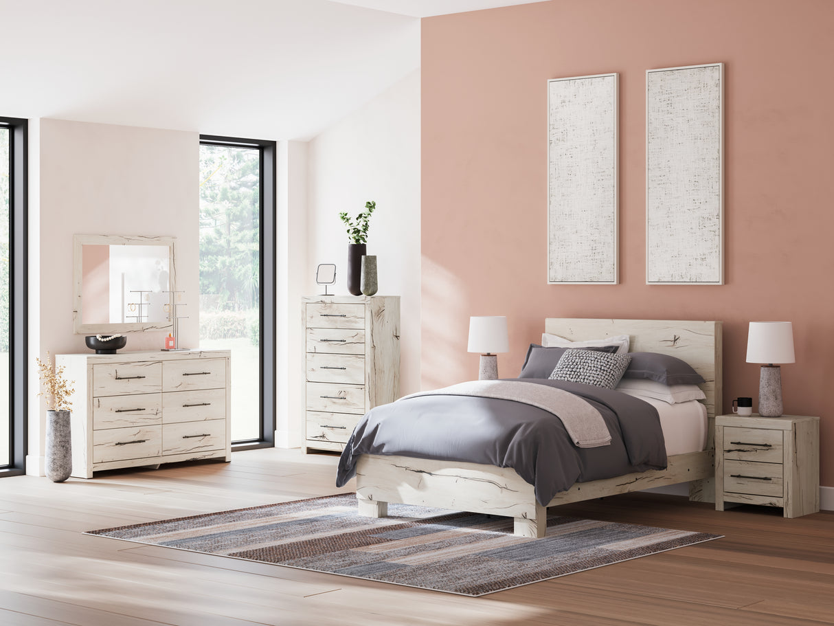 Lawroy Full Panel Bed with Mirrored Dresser, Chest and Nightstand in Light Natural from Ashley - Luna Furniture