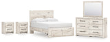 Lawroy Light Natural Twin Panel Bed with Storage with Mirrored Dresser and Chest from Ashley - Luna Furniture
