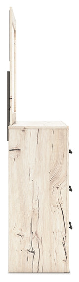 Lawroy Light Natural Twin Panel Bed with Storage with Mirrored Dresser and Chest from Ashley - Luna Furniture