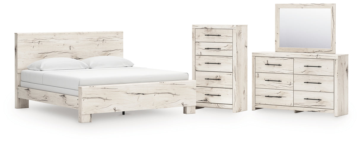Lawroy King Panel Bed with Mirrored Dresser and Chest in Light Natural from Ashley - Luna Furniture