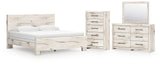Lawroy King Panel Bed with Mirrored Dresser and Chest in Light Natural from Ashley - Luna Furniture