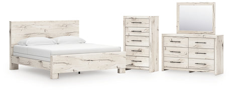Lawroy King Panel Bed with Mirrored Dresser and Chest in Light Natural from Ashley - Luna Furniture