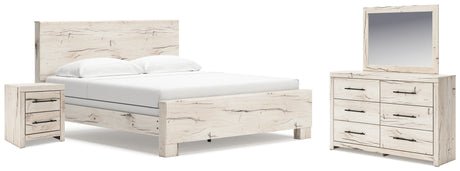 Lawroy King Panel Bed with Mirrored Dresser and Nightstand in Light Natural from Ashley - Luna Furniture