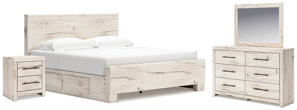 Lawroy King Panel Bed with Mirrored Dresser and Nightstand in Light Natural from Ashley - Luna Furniture