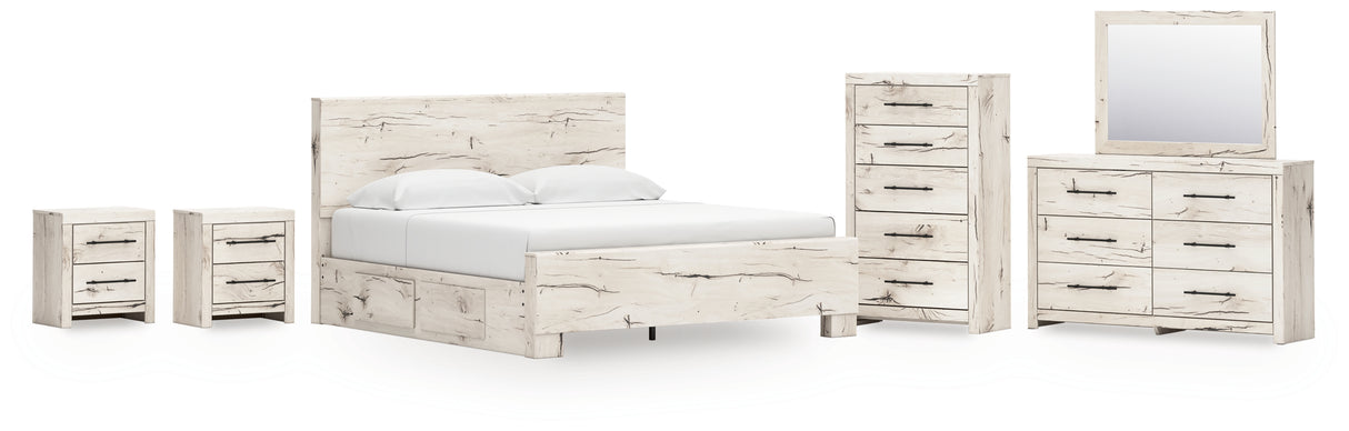 Lawroy Light Natural King Panel Bed with Mirrored Dresser, Chest and 2 Nightstands from Ashley - Luna Furniture
