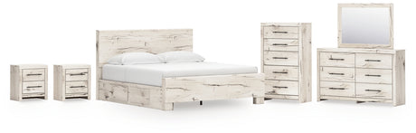 Lawroy Light Natural King Panel Bed with Mirrored Dresser, Chest and 2 Nightstands from Ashley - Luna Furniture