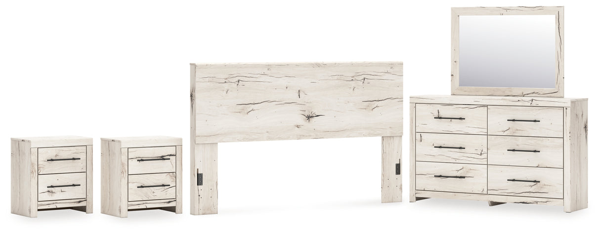 Lawroy King Panel Headboard with Mirrored Dresser and 2 Nightstands in Light Natural from Ashley - Luna Furniture