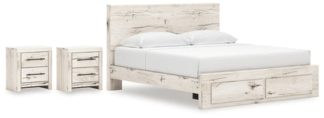 Lawroy King Panel Storage Bed with 2 Nightstands in Light Natural from Ashley - Luna Furniture