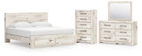 Lawroy King Panel Storage Bed with Mirrored Dresser and Chest in Light Natural from Ashley - Luna Furniture