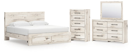 Lawroy King Panel Storage Bed with Mirrored Dresser and Chest in Light Natural from Ashley - Luna Furniture
