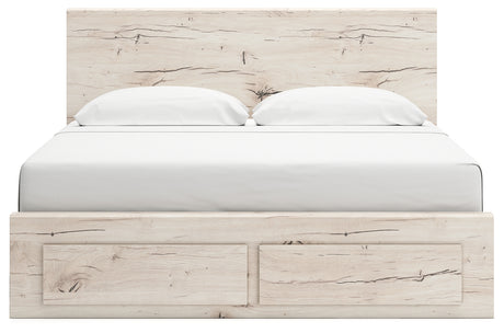 Lawroy Light Natural King Panel Storage Bed with Mirrored Dresser and Chest from Ashley - Luna Furniture