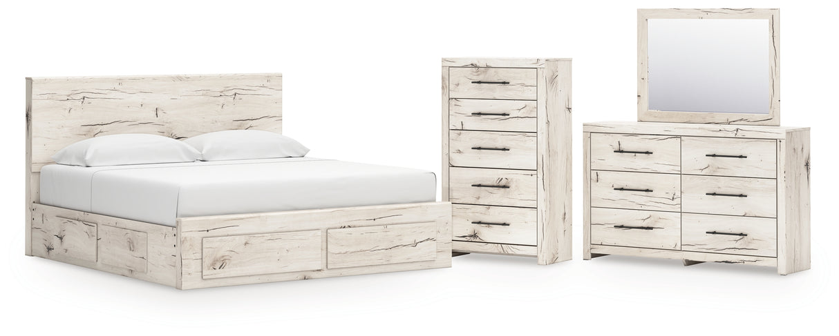 Lawroy Light Natural King Panel Storage Bed with Mirrored Dresser and Chest from Ashley - Luna Furniture