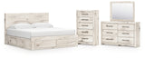 Lawroy Light Natural King Panel Storage Bed with Mirrored Dresser and Chest from Ashley - Luna Furniture