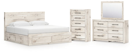 Lawroy Light Natural King Panel Storage Bed with Mirrored Dresser and Chest from Ashley - Luna Furniture