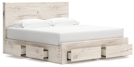 Lawroy Light Natural King Panel Storage Bed with Mirrored Dresser and Chest from Ashley - Luna Furniture