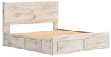 Lawroy Light Natural King Panel Storage Bed with Mirrored Dresser and Chest from Ashley - Luna Furniture