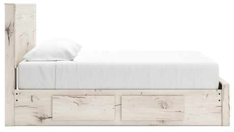 Lawroy Light Natural King Panel Storage Bed with Mirrored Dresser and Chest from Ashley - Luna Furniture