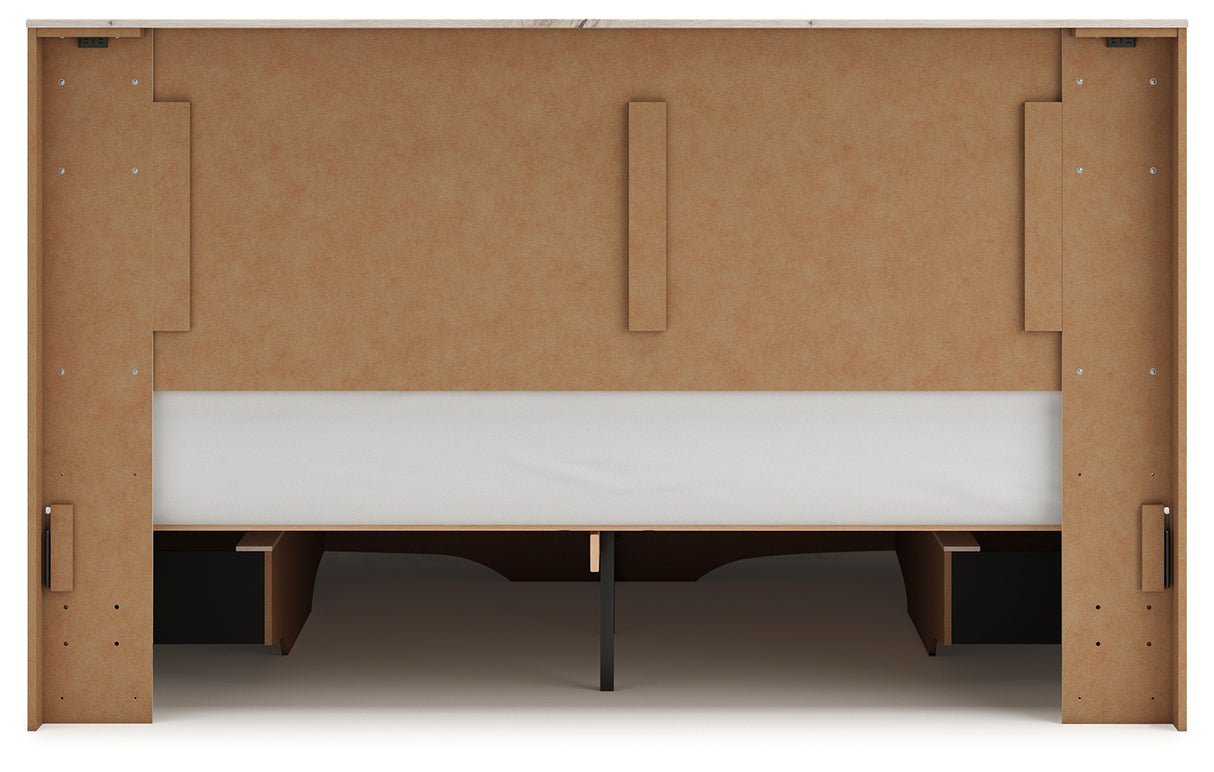 Lawroy Light Natural King Panel Storage Bed with Mirrored Dresser and Chest from Ashley - Luna Furniture
