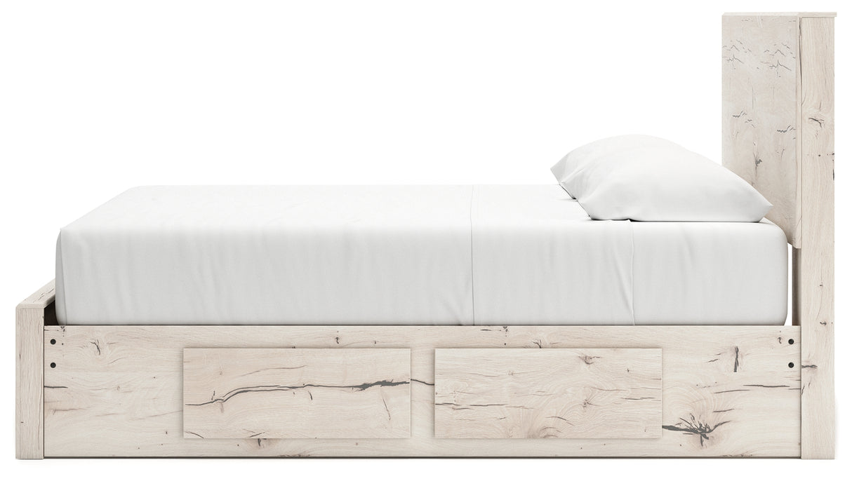 Lawroy Light Natural King Panel Storage Bed with Mirrored Dresser and Chest from Ashley - Luna Furniture
