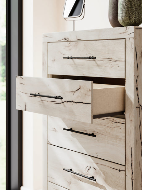 Lawroy Light Natural King Panel Storage Bed with Mirrored Dresser and Chest from Ashley - Luna Furniture