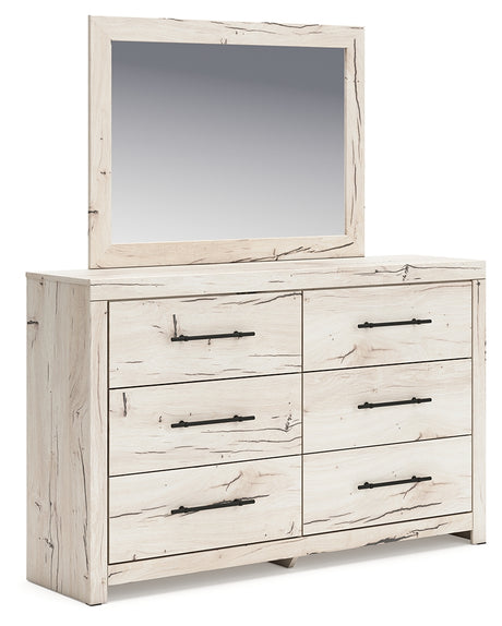 Lawroy Light Natural King Panel Storage Bed with Mirrored Dresser and Chest from Ashley - Luna Furniture