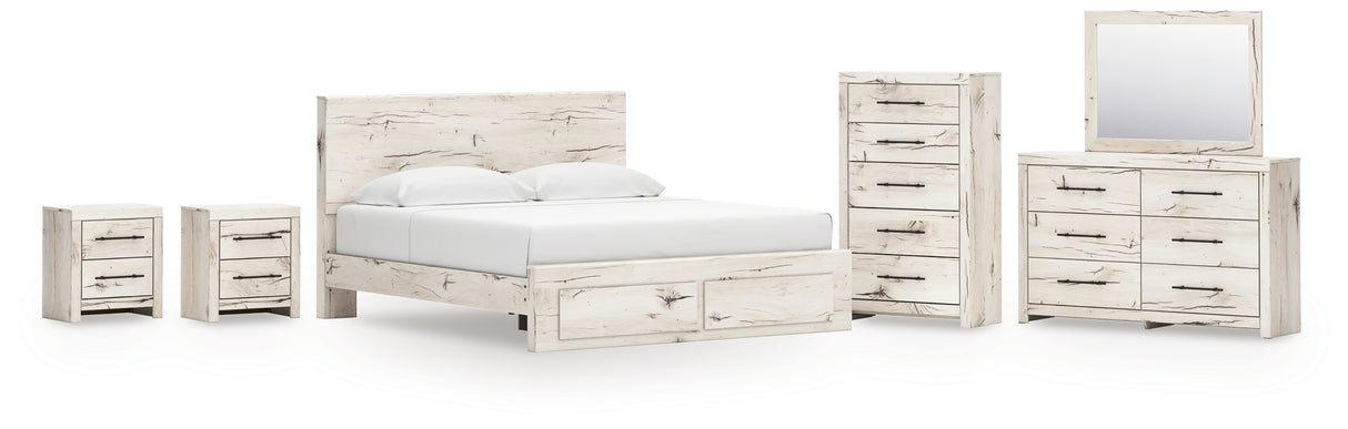 Lawroy King Panel Storage Bed with Mirrored Dresser, Chest and 2 Nightstands in Light Natural from Ashley - Luna Furniture