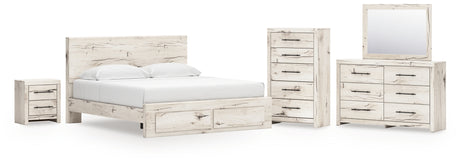 Lawroy King Panel Storage Bed with Mirrored Dresser, Chest and Nightstand in Light Natural from Ashley - Luna Furniture