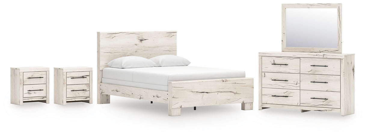 Lawroy Queen Panel Bed with Mirrored Dresser and 2 Nightstands in Light Natural from Ashley - Luna Furniture