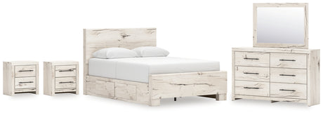 Lawroy Light Natural Queen Panel Bed with Mirrored Dresser and 2 Nightstands from Ashley - Luna Furniture