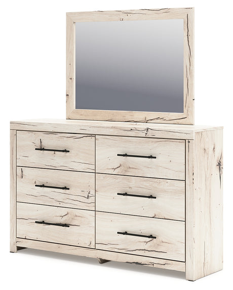 Lawroy Light Natural Queen Panel Bed with Mirrored Dresser and Chest from Ashley - Luna Furniture