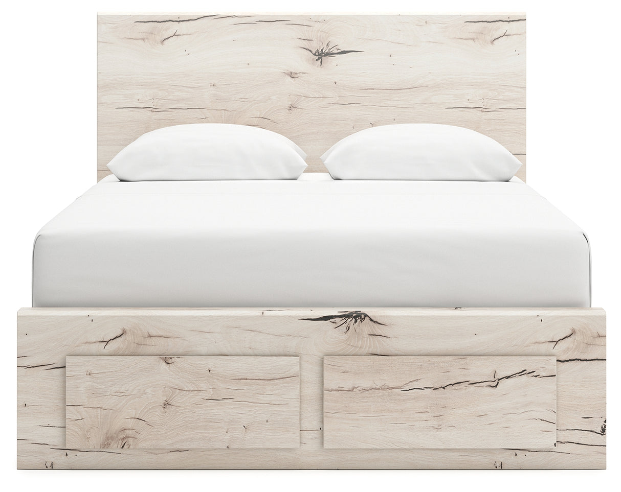 Lawroy Light Natural Queen Panel Storage Bed with Mirrored Dresser and Chest from Ashley Furniture - Luna Furniture