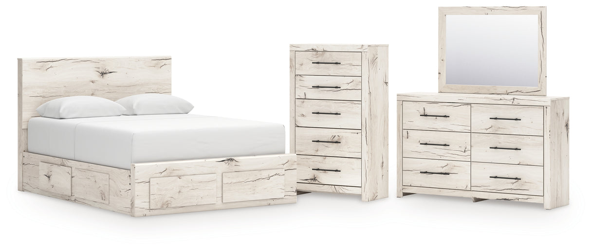 Lawroy Light Natural Queen Panel Storage Bed with Mirrored Dresser and Chest from Ashley Furniture - Luna Furniture